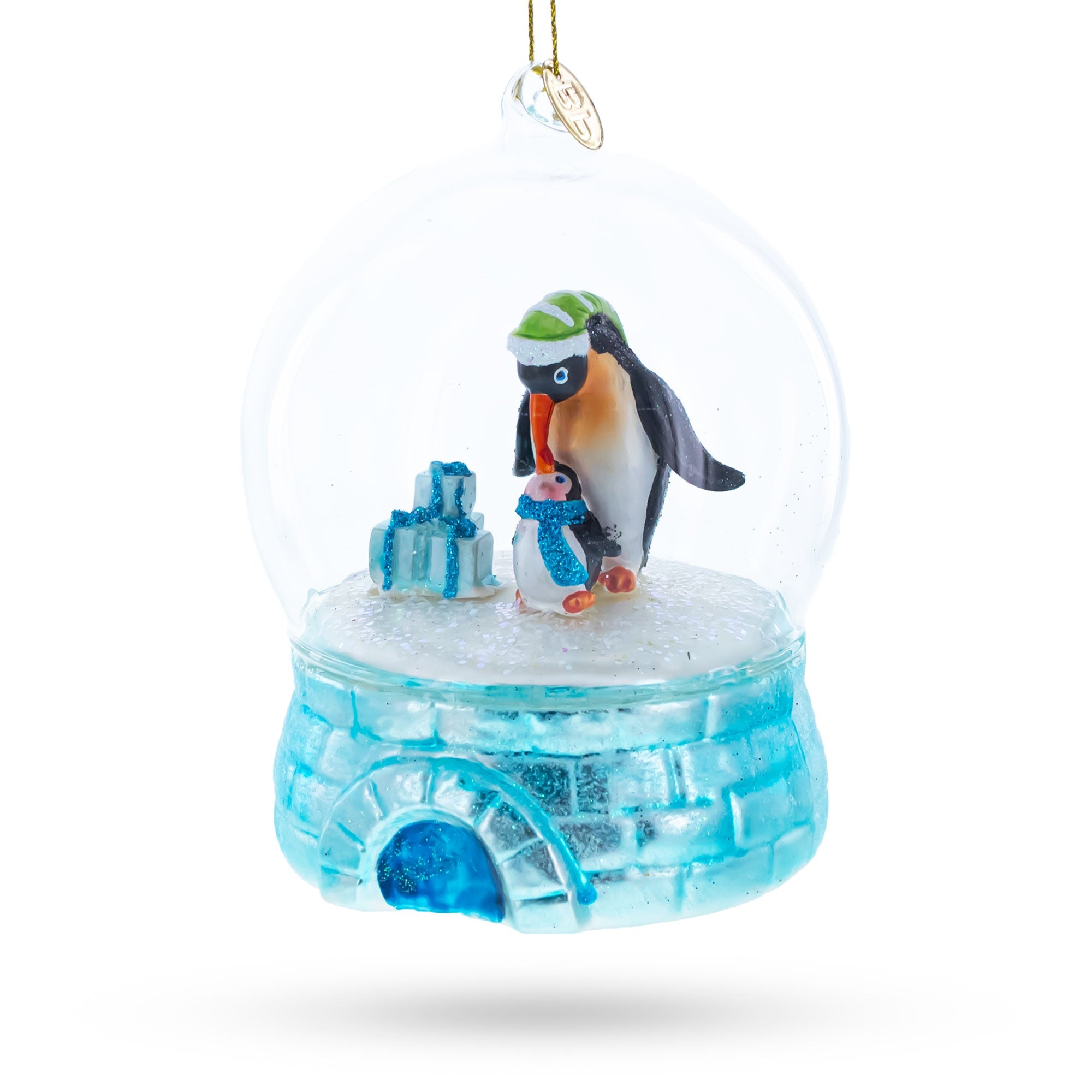 Penguins in the Igloo Dome Glass Christmas Ornament