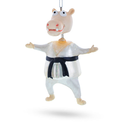 Martial Arts Karate Hippo Glass Christmas Ornament