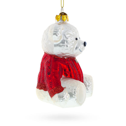White Teddy Bear in Red Sweater Glass Christmas Ornament