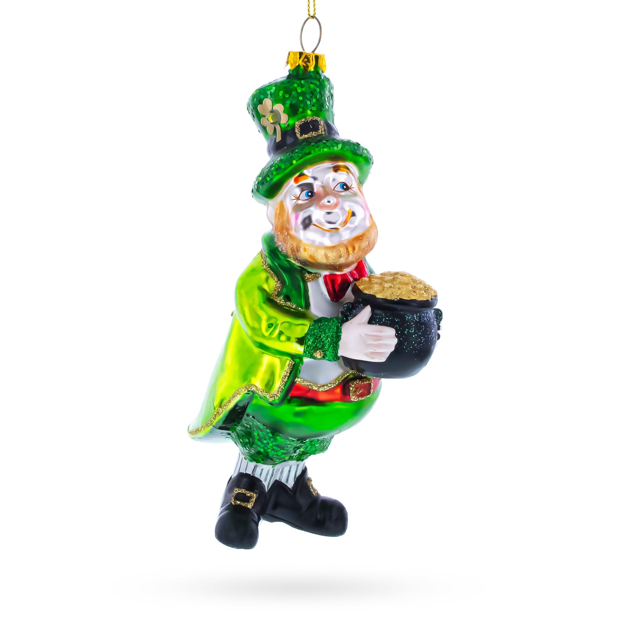 Leprechaun with Pot of Gold Glass Christmas Ornament