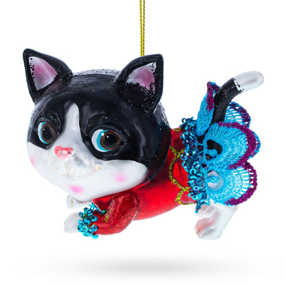 Black Cat Wearing a Dress Glass Christmas Ornament