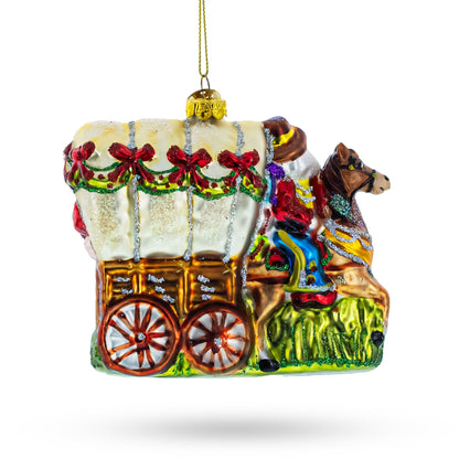 Western Santa with Holiday Wagon Glass Christmas Ornament