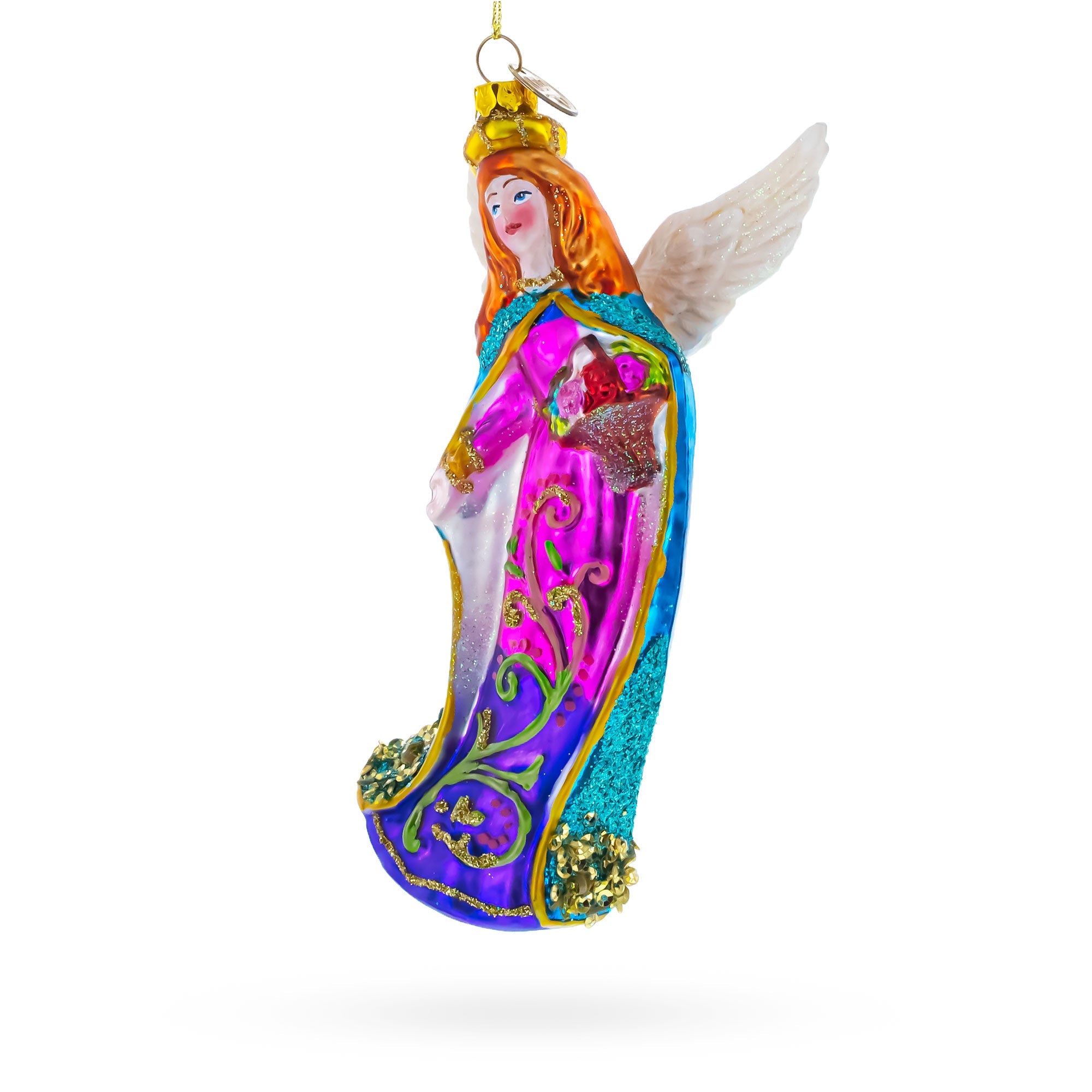Serene Angel with Basket of Flowers Glass Christmas Ornament