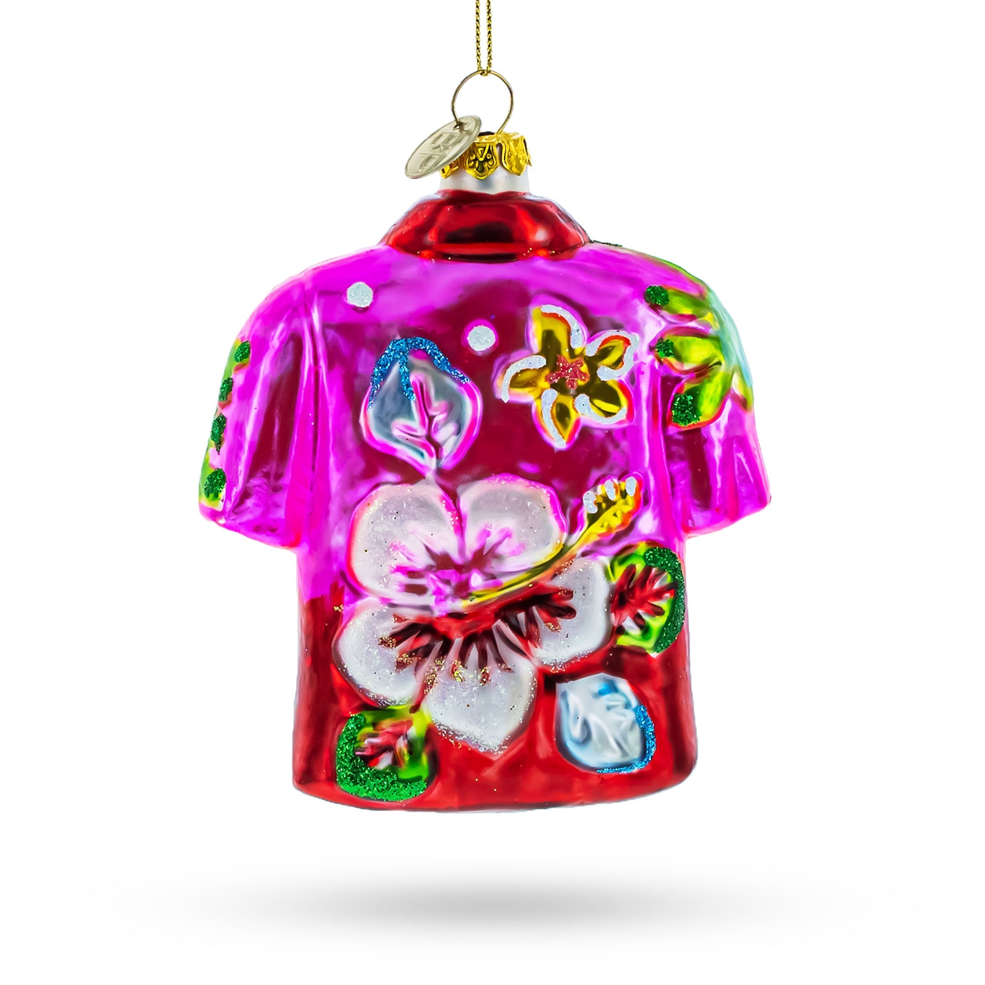 Tropical Short Sleeve Shirt with Flowers Glass Christmas Ornament