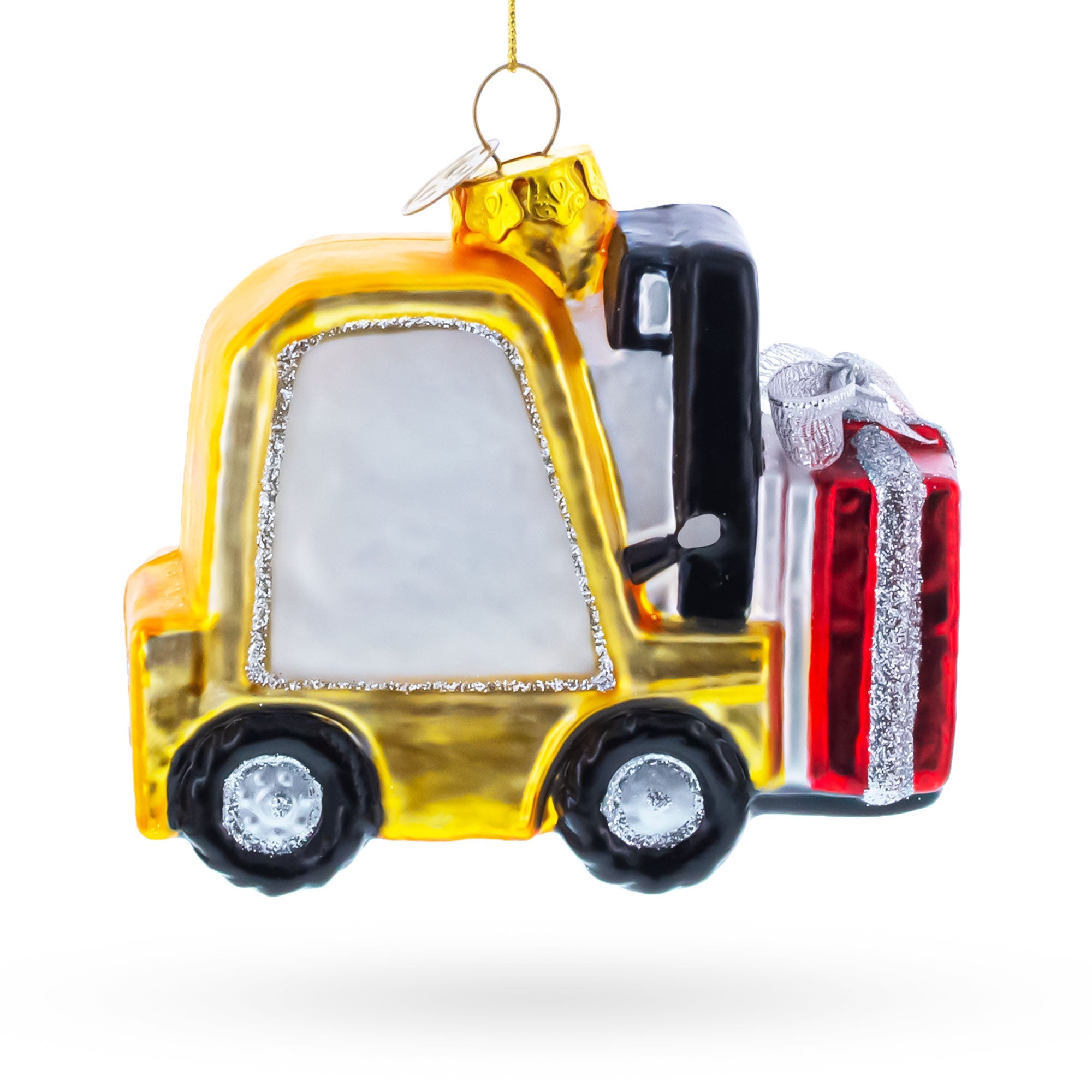 Santa Delivering Gifts with a Forklift Glass Christmas Ornament