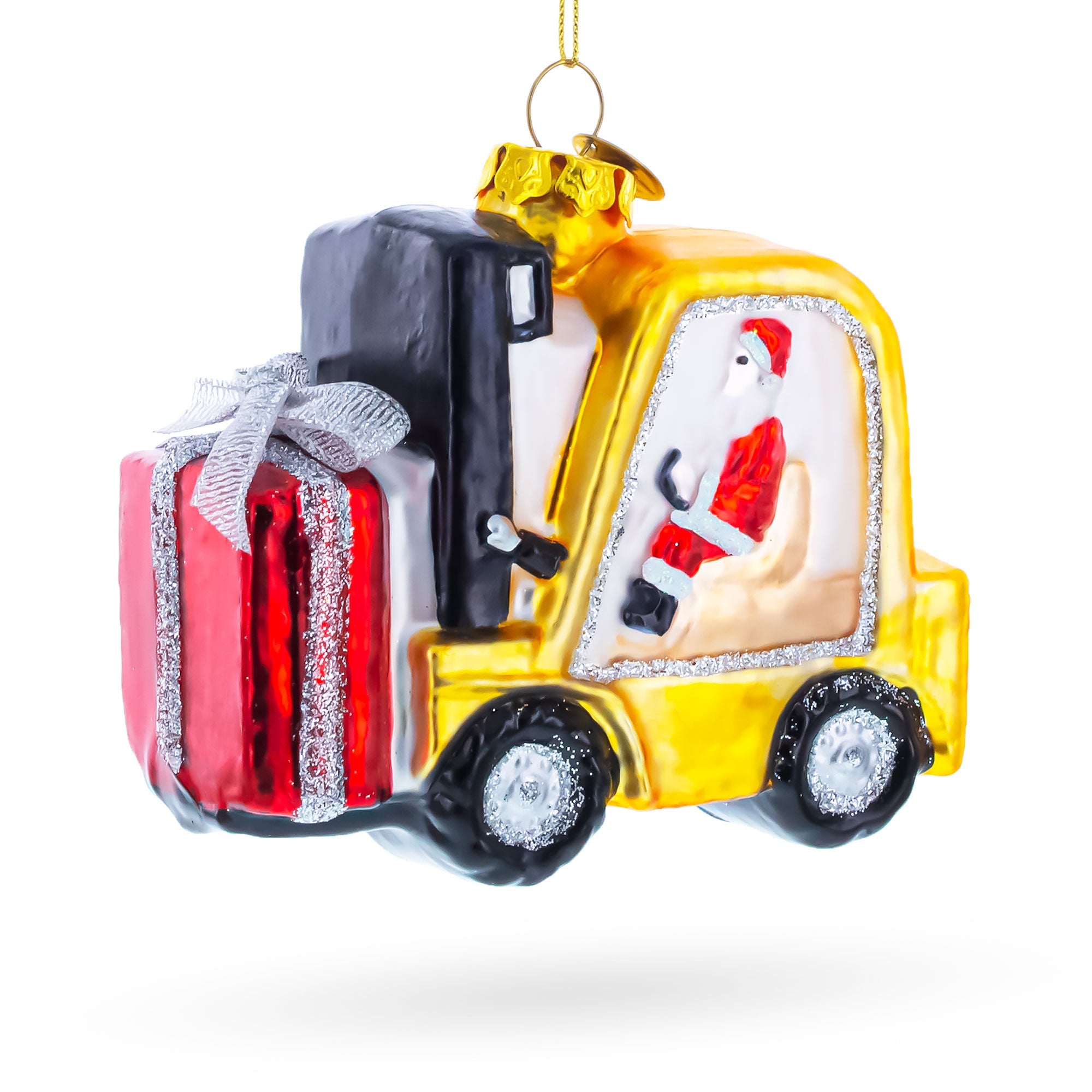 Santa Delivering Gifts with a Forklift Glass Christmas Ornament
