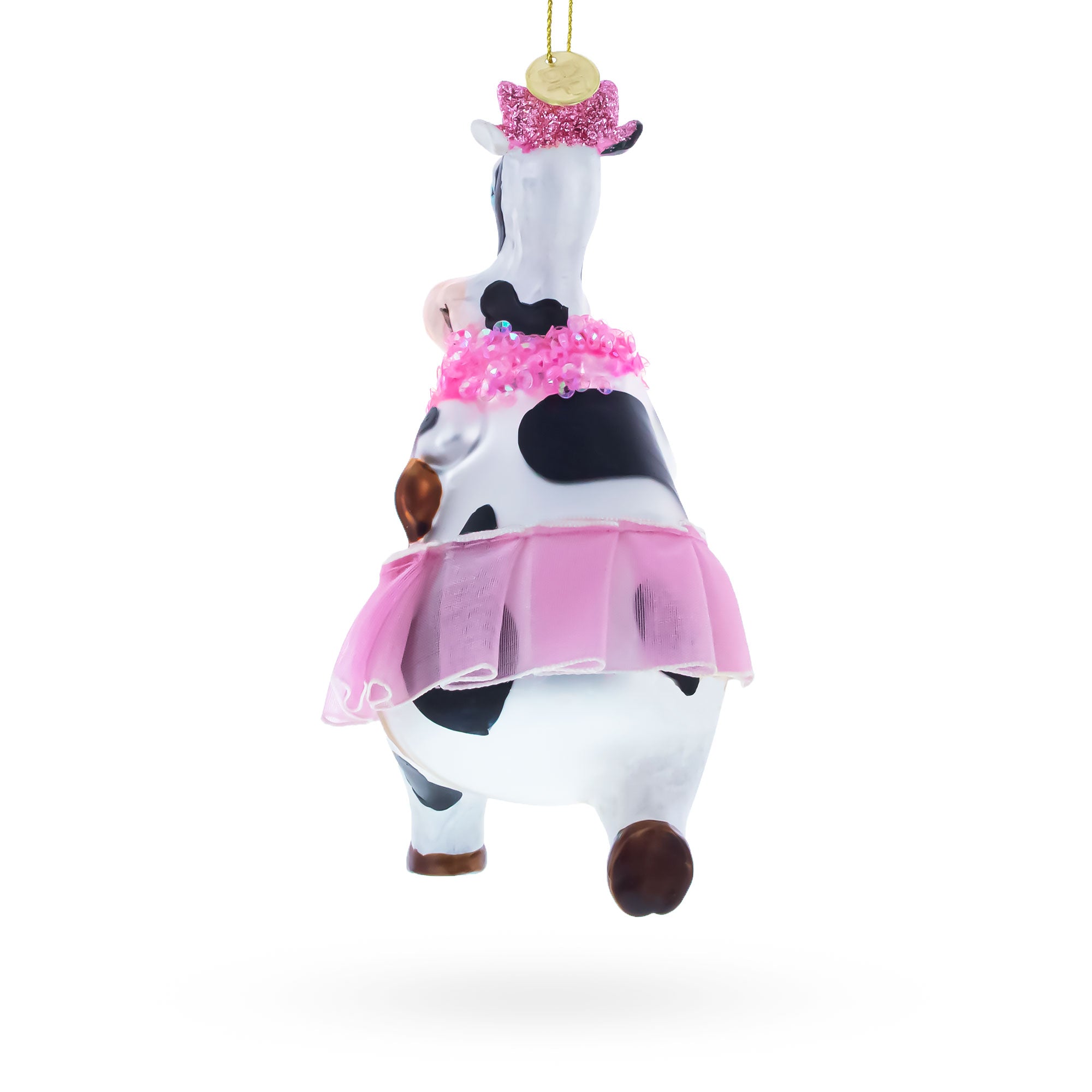 Dancing Cow in Pink Glass Christmas Ornament