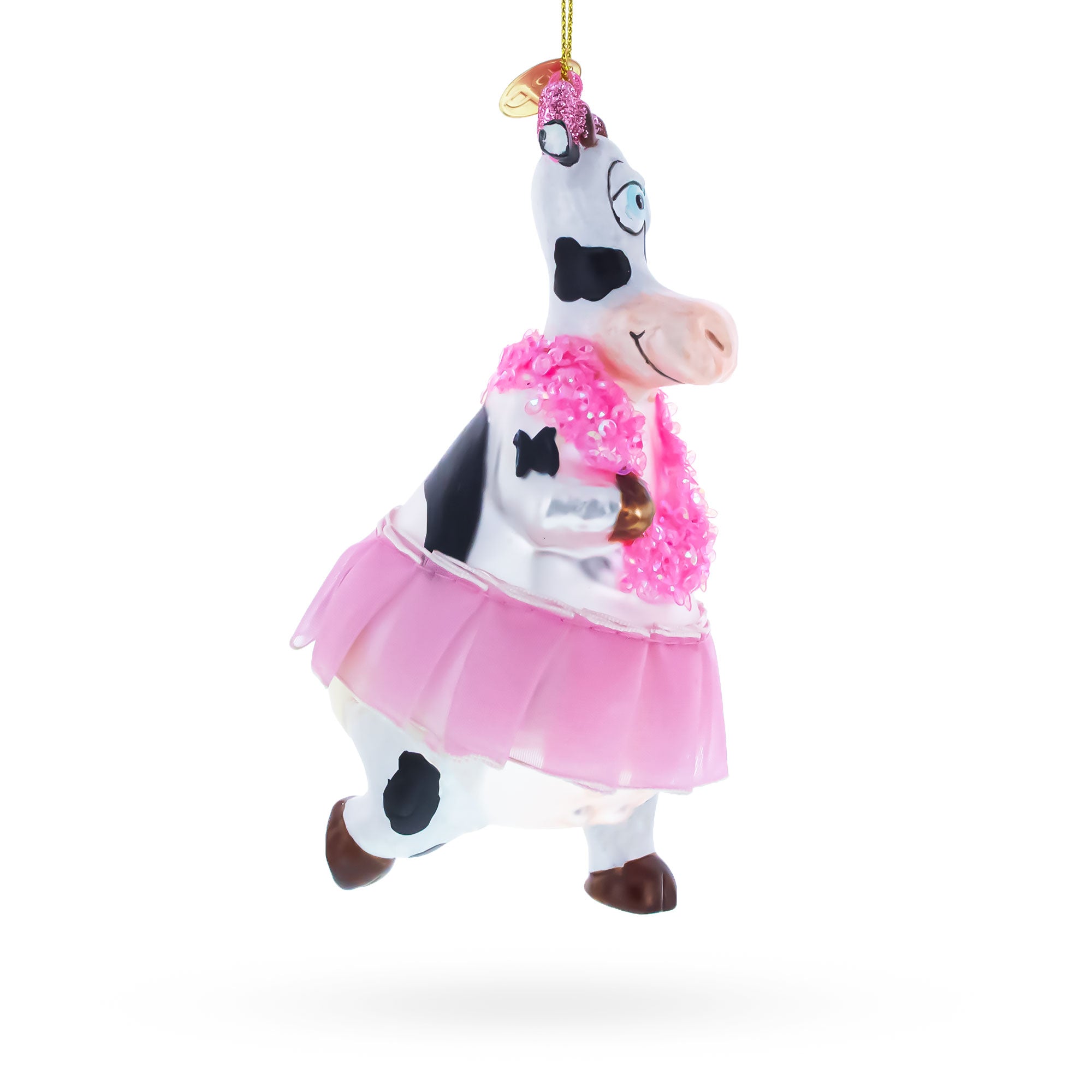 Dancing Cow in Pink Glass Christmas Ornament
