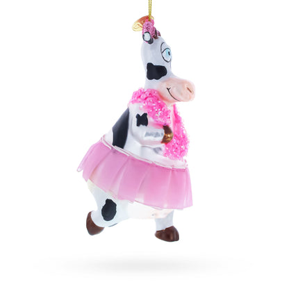 Dancing Cow in Pink Glass Christmas Ornament