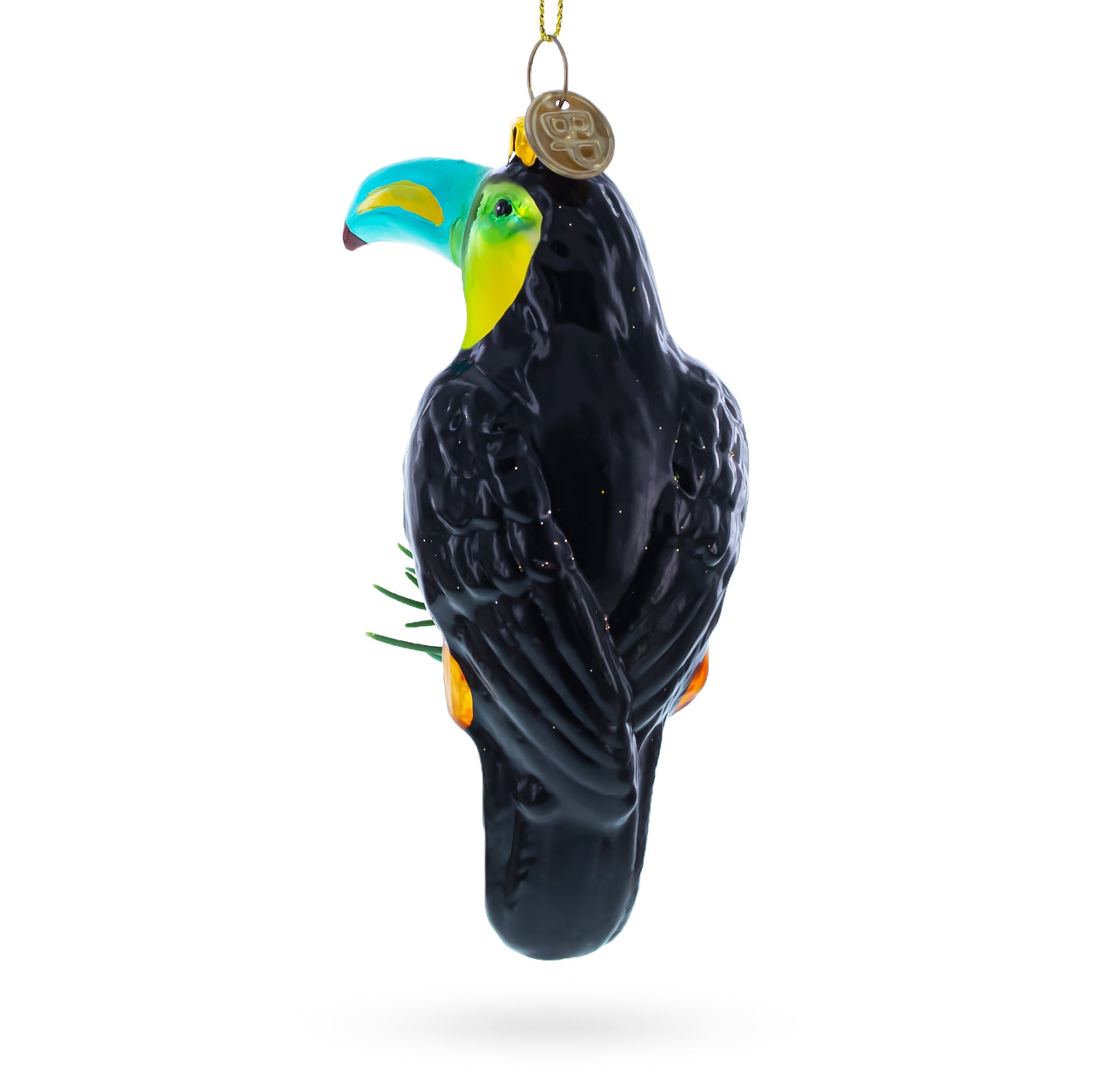 Toucan with Pine Branch Glass Christmas Ornament