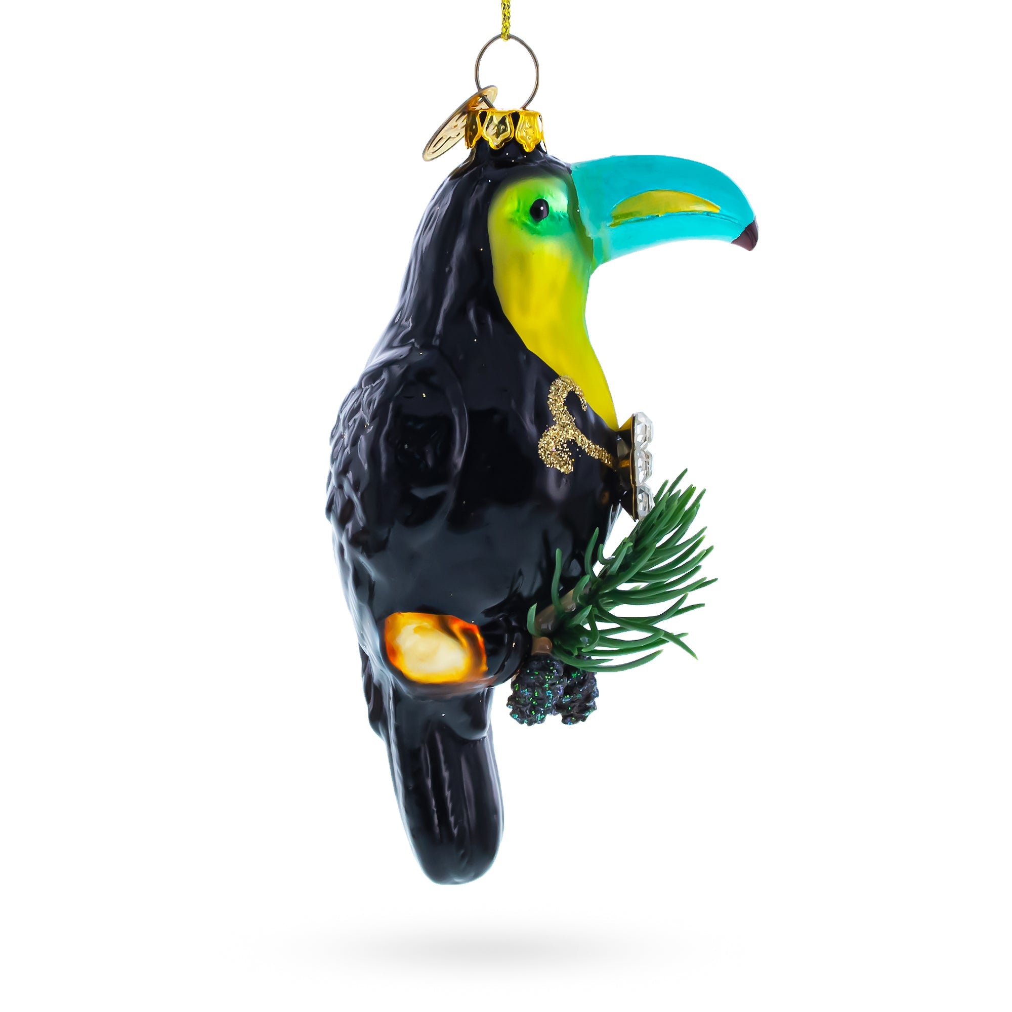 Toucan with Pine Branch Glass Christmas Ornament