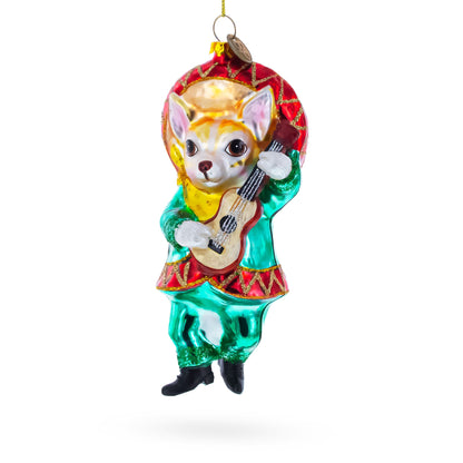 Mariachi Chihuahua Guitarist Glass Christmas Ornament