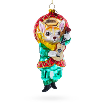 Mariachi Chihuahua Guitarist Glass Christmas Ornament