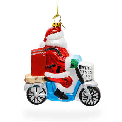 Santa Food Delivery on Scooter Glass Christmas Ornament