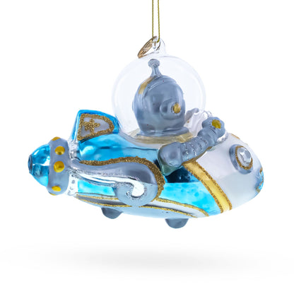 Astronaut Driving Spaceship Glass Christmas Ornament