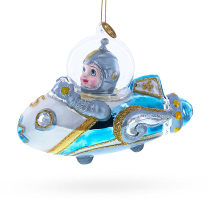 Astronaut Driving Spaceship Glass Christmas Ornament