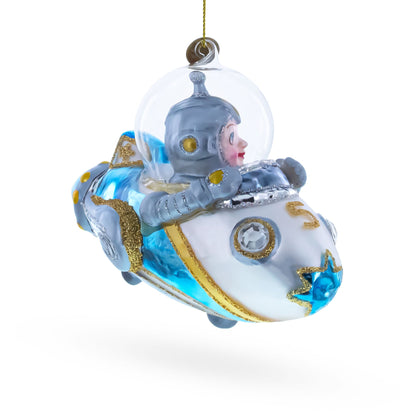 Astronaut Driving Spaceship Glass Christmas Ornament
