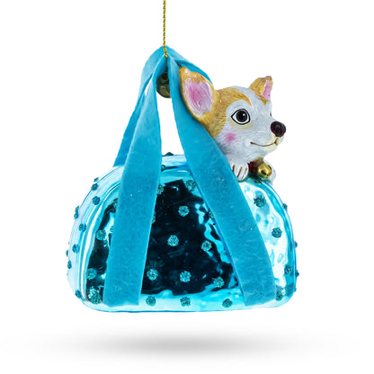 Dog in Blue Handbag Glass Christmas Ornament