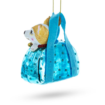 Dog in Blue Handbag Glass Christmas Ornament