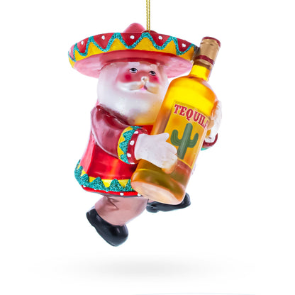 Santa Clutching Tequila Bottle Glass Christmas Ornament