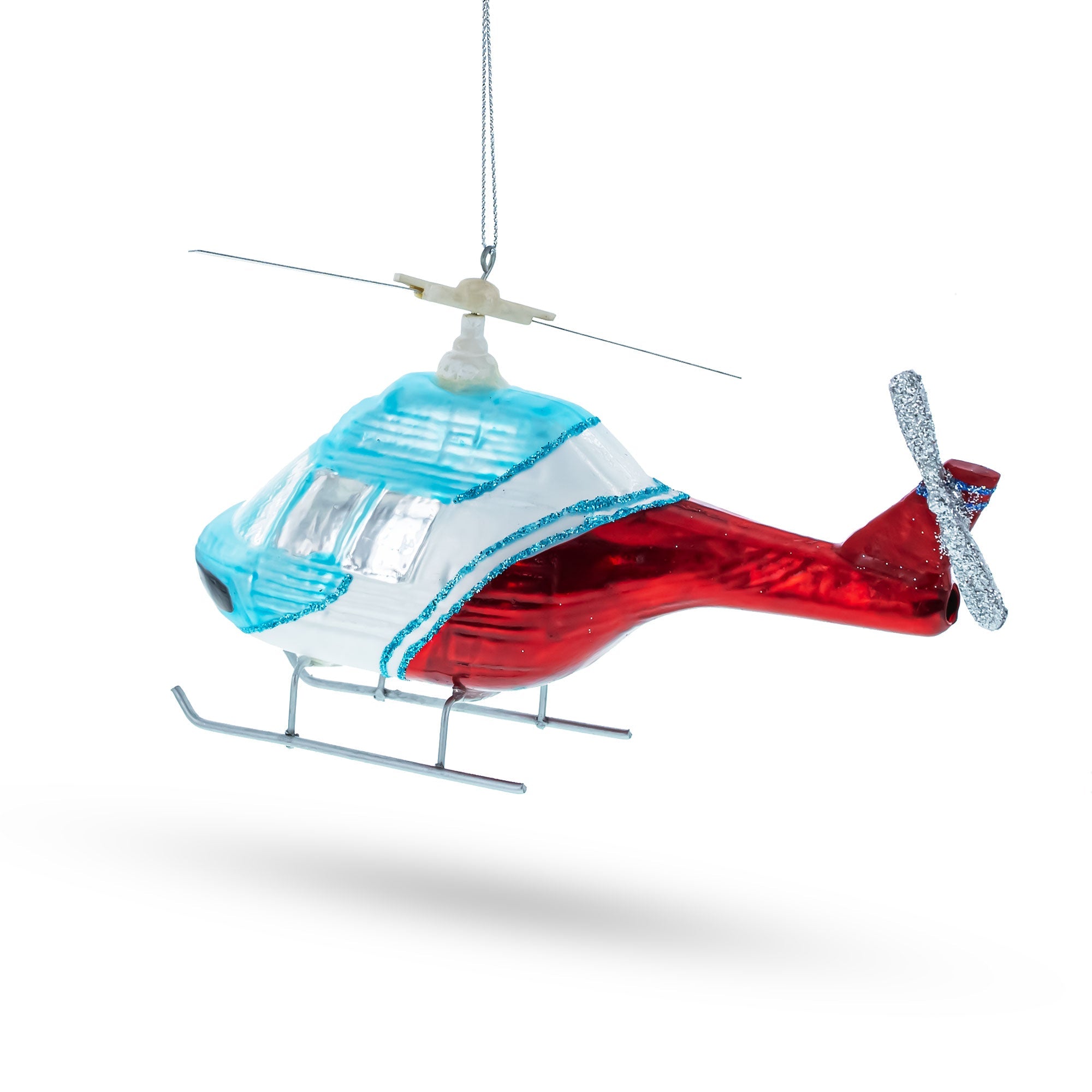 Blue and Red Helicopter Glass Christmas Ornament