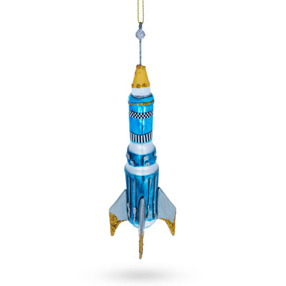 Blue Rocket Space Shuttle Glass Christmas Ornament