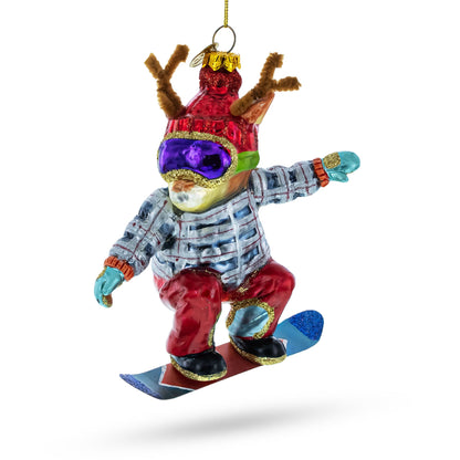 Moose on Snowboard Glass Christmas Ornament