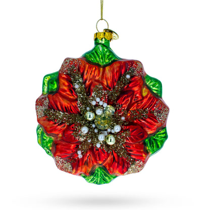 Poinsettia with Mother of Pearls Glass Christmas Ornament