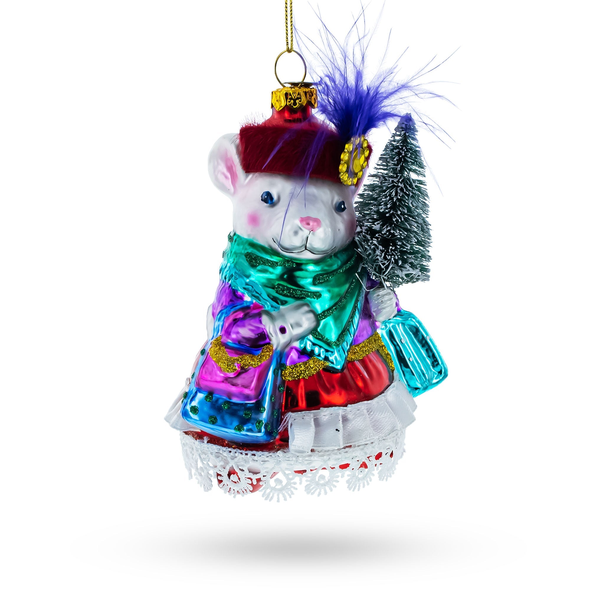 Mouse with Tree and Gifts Glass Christmas Ornament