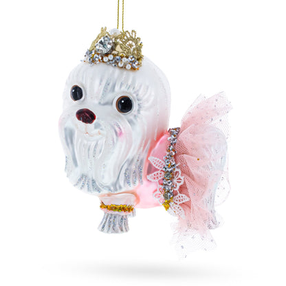 Bolonka Dog with Crown Glass Christmas Ornament