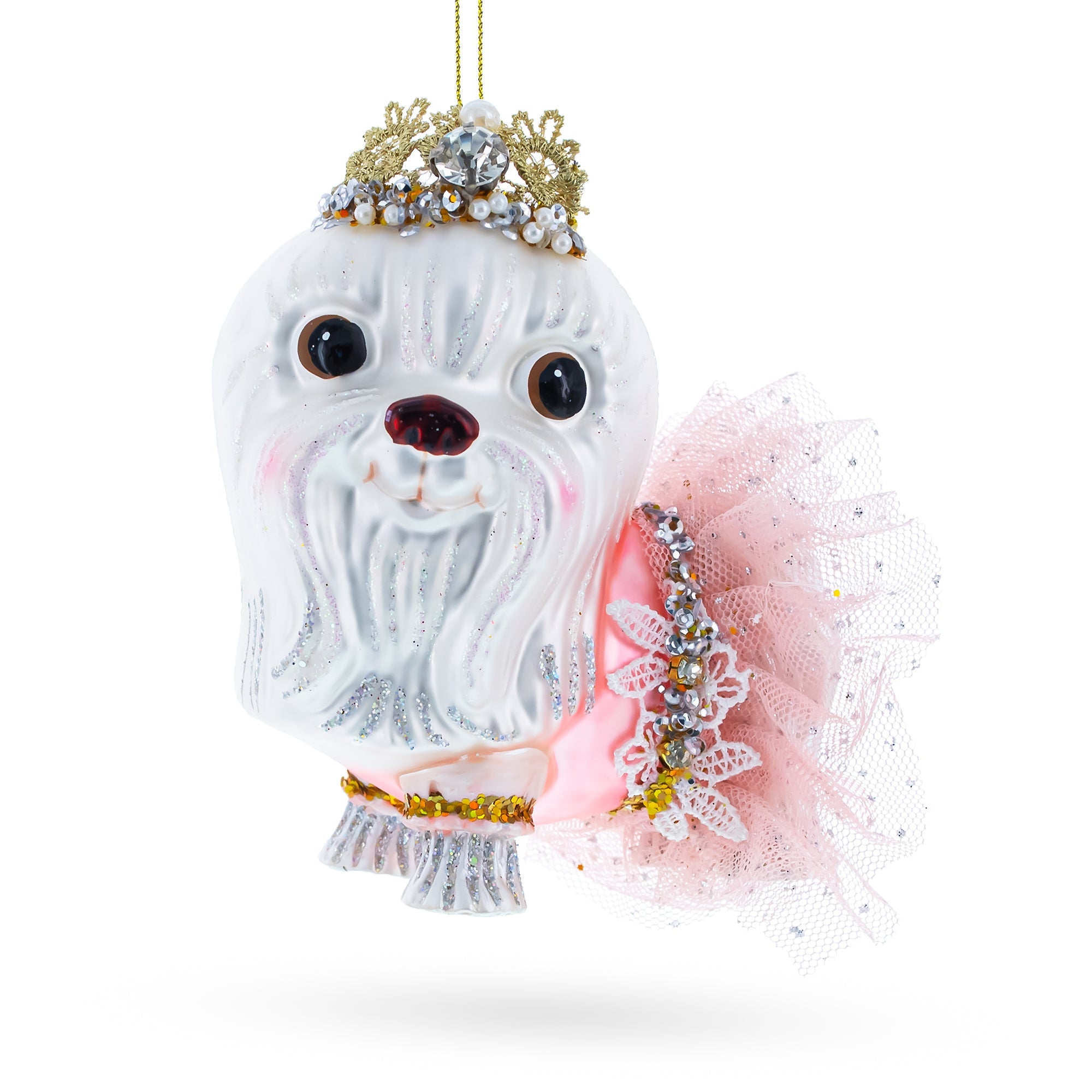 Bolonka Dog with Crown Glass Christmas Ornament