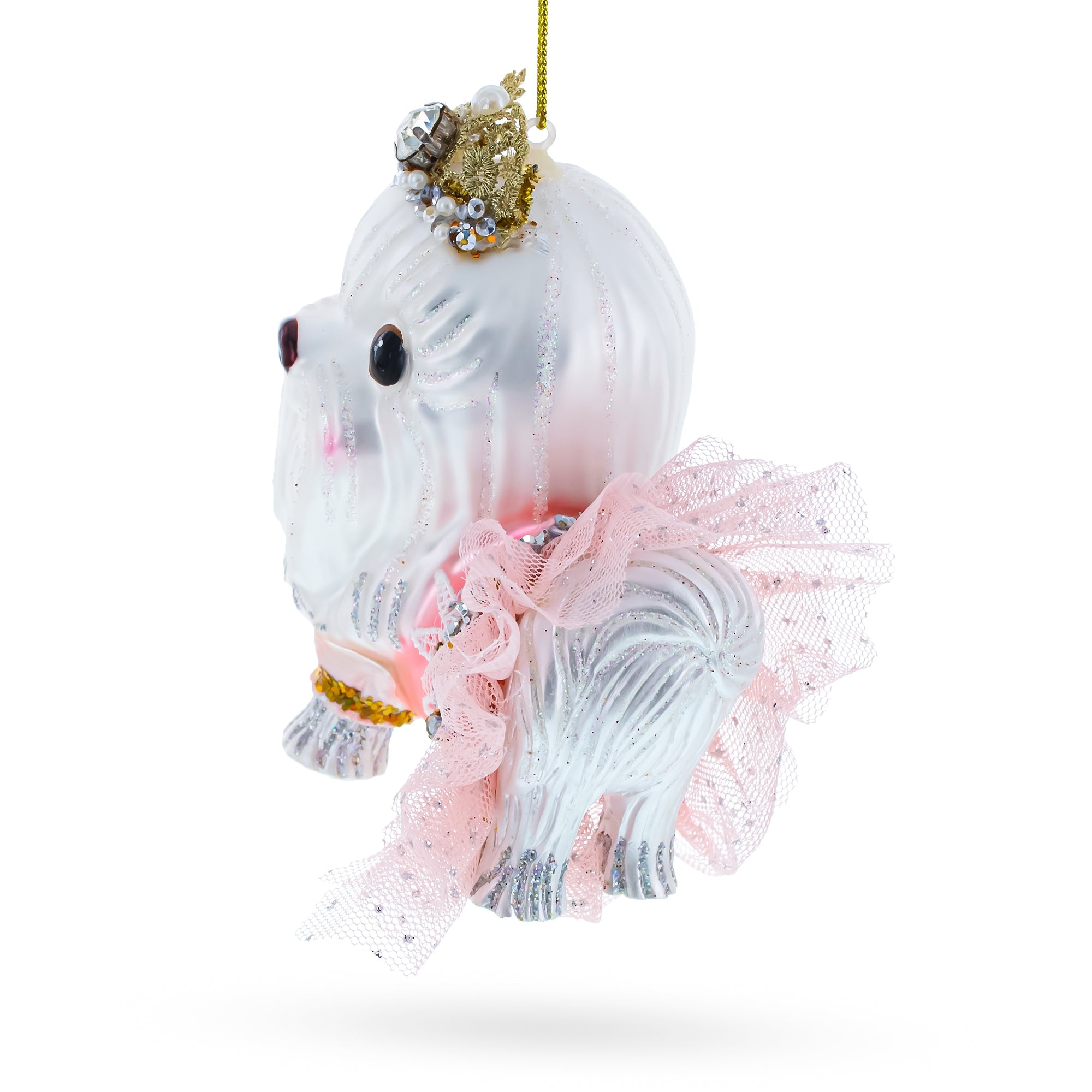 Bolonka Dog with Crown Glass Christmas Ornament