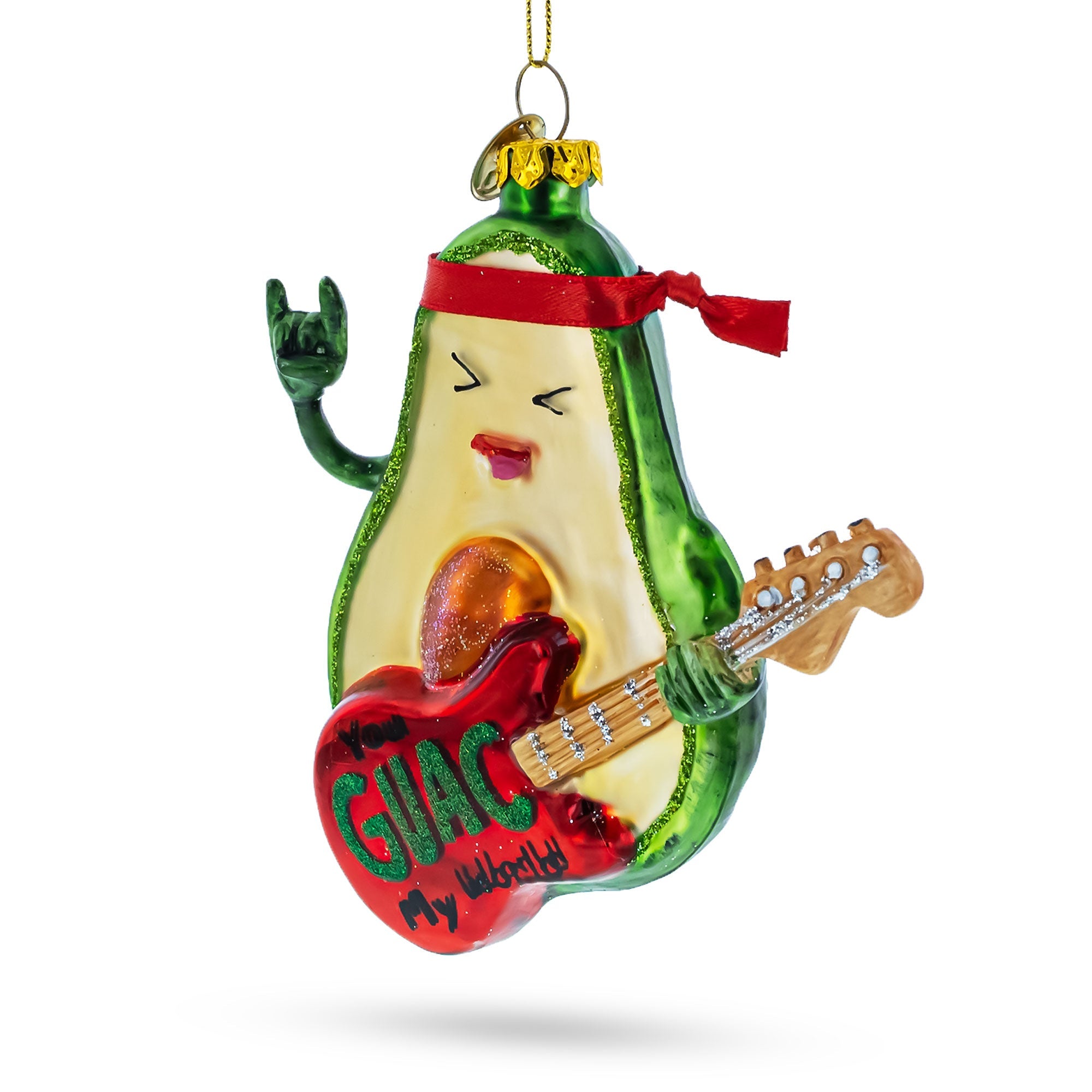 Musical Avocado Strumming a Guitar Glass Christmas Ornament