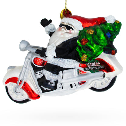 Santa’s Delivery Service Motorcycle Glass Ornament