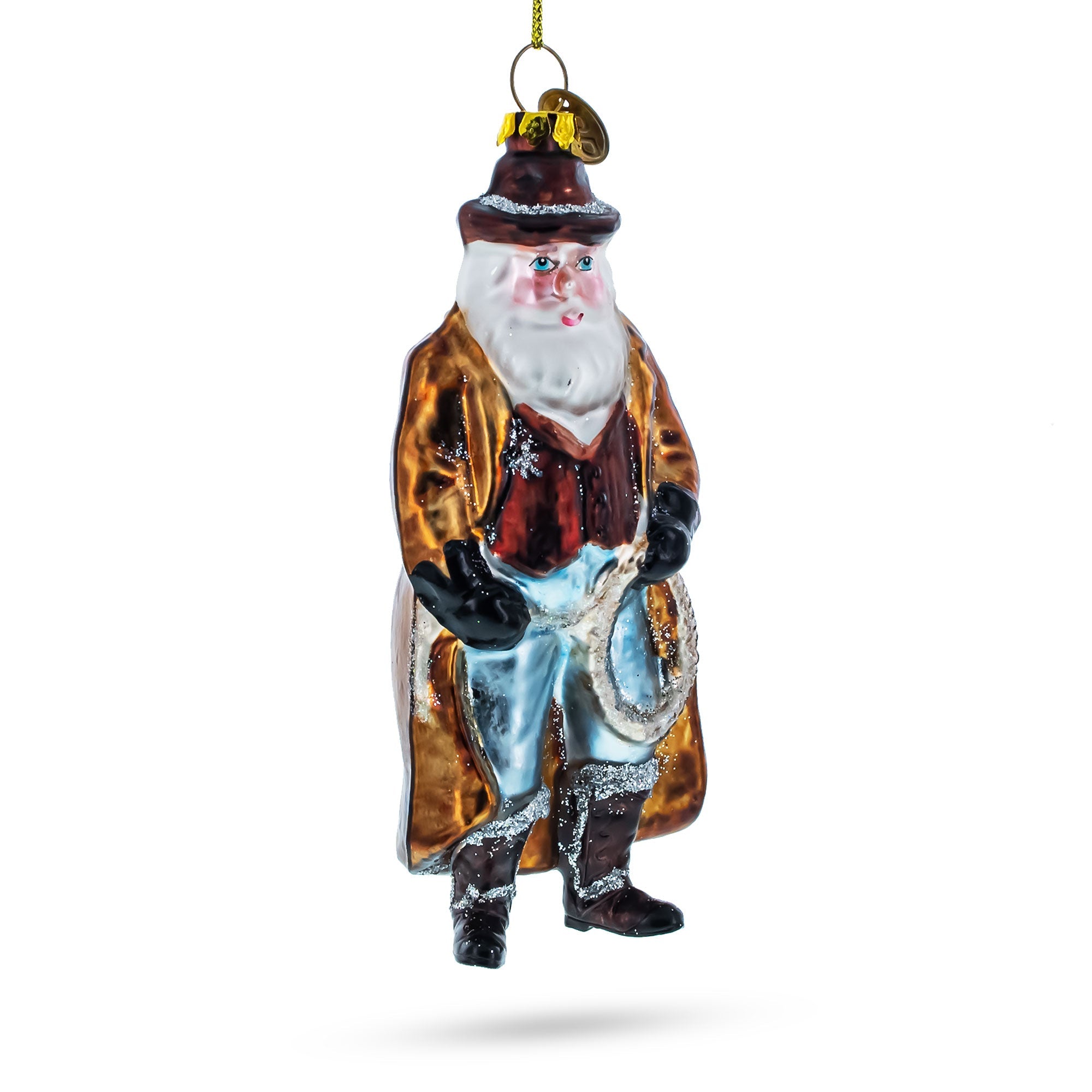 Cowboy Santa Skillfully Twirling a Lasso Glass Christmas Ornament