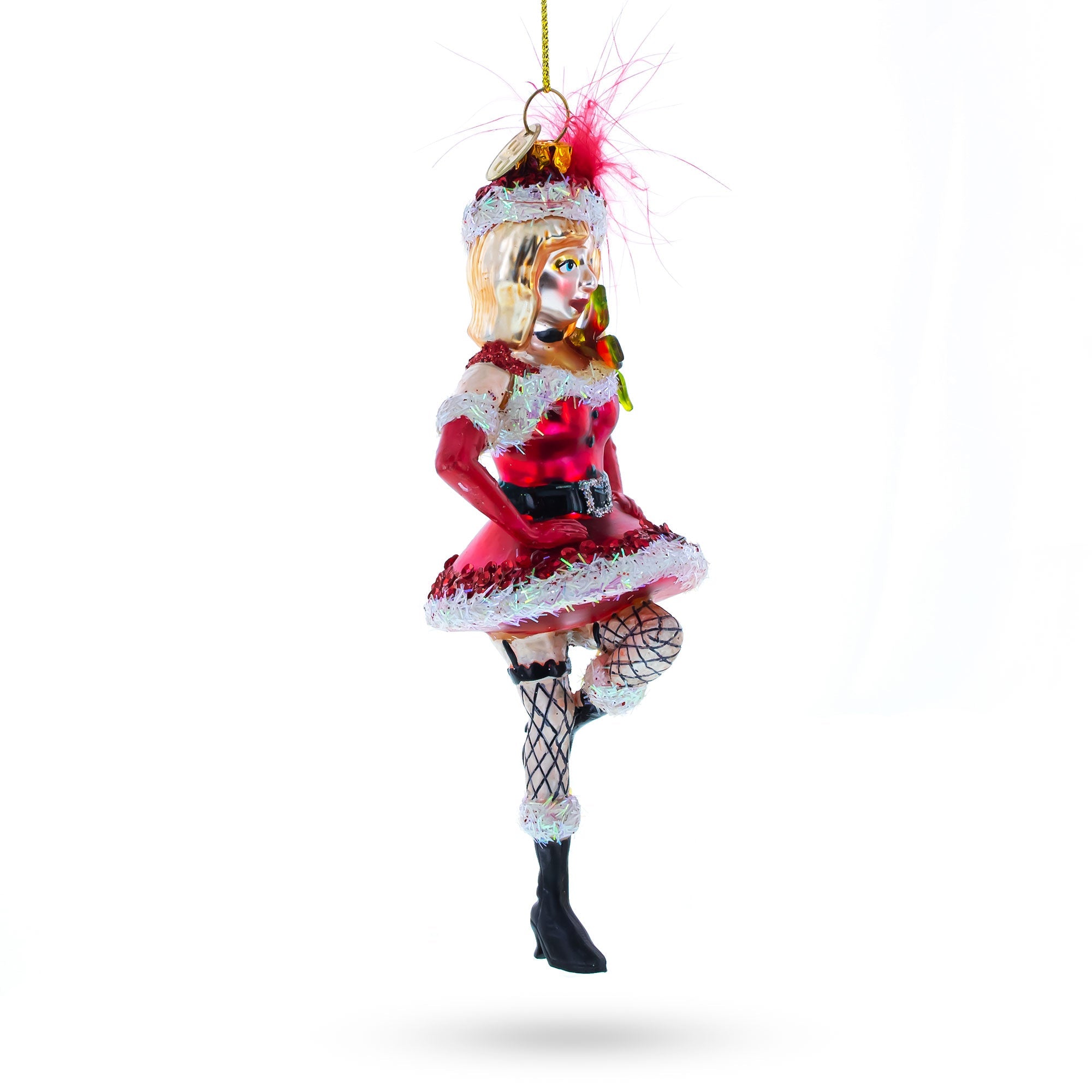 Woman in Santa Dress Dancing Glass Christmas Ornament