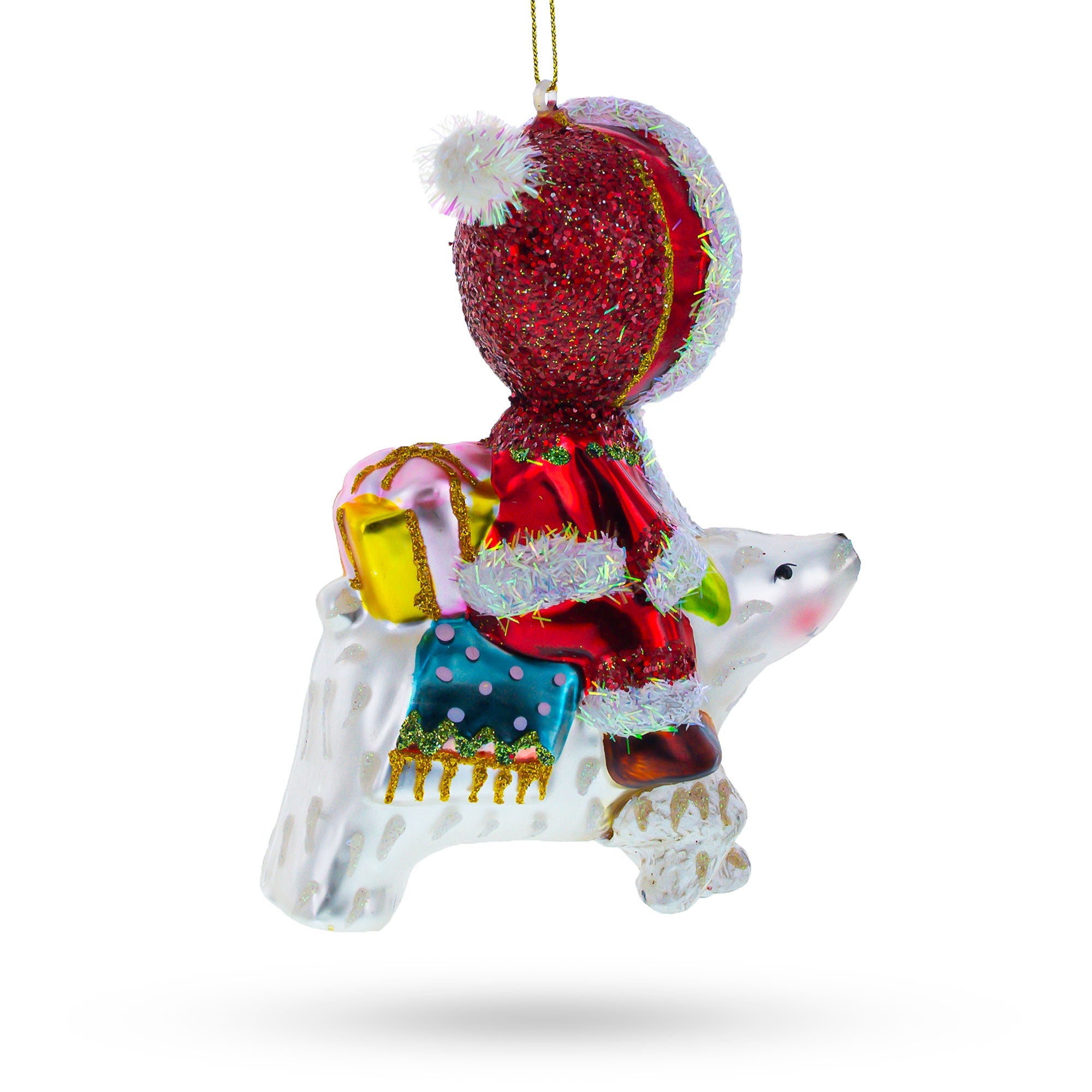 Girl Riding a Polar Bear Hand Glass Christmas Ornament