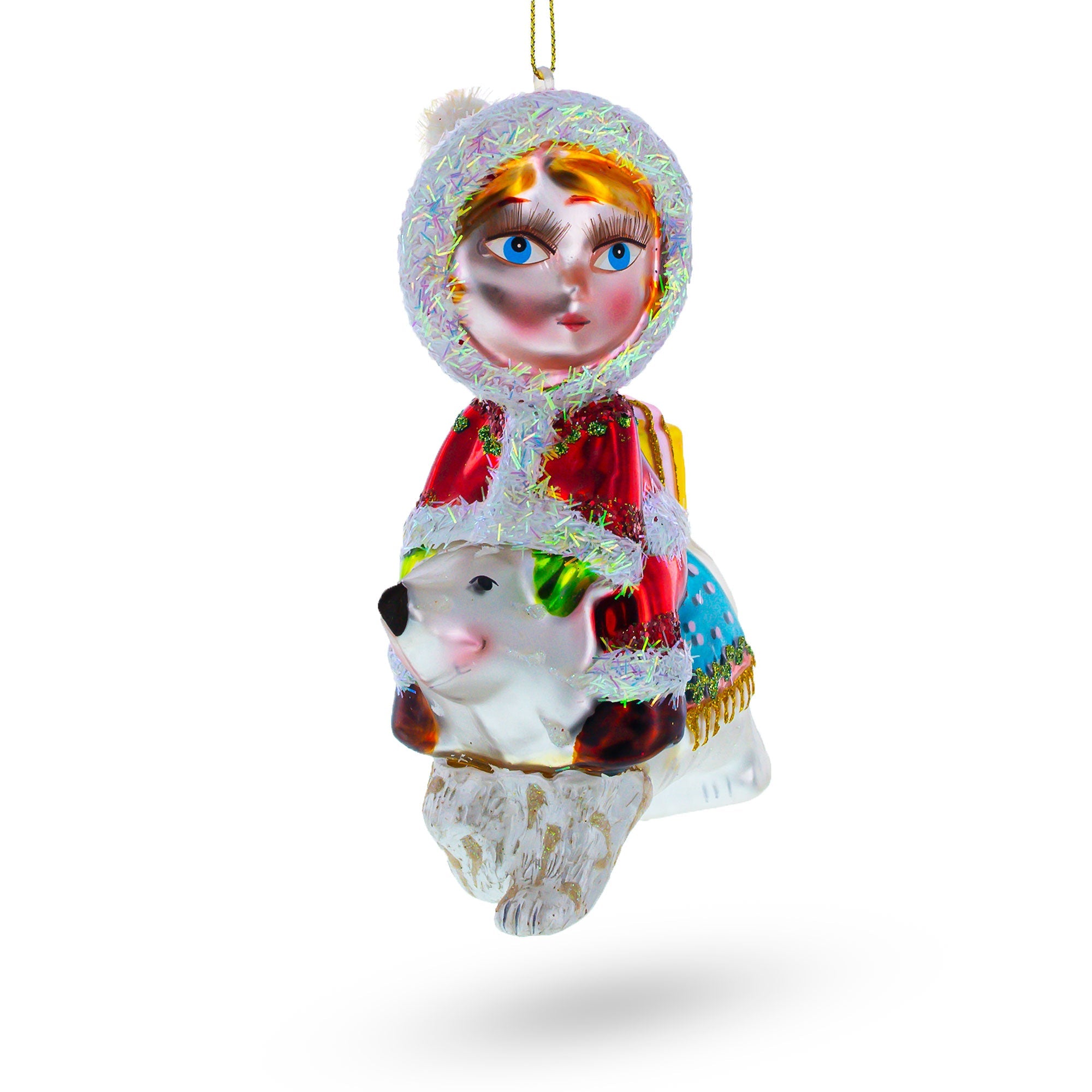 Girl Riding a Polar Bear Hand Glass Christmas Ornament