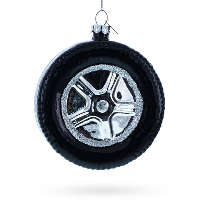 Sleek Black Car Wheel Glass Christmas Ornament BestPysanky