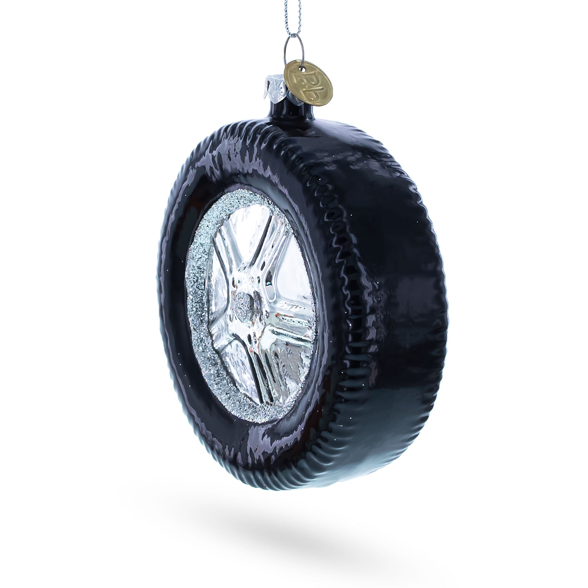 Sleek Black Car Wheel Glass Christmas Ornament BestPysanky