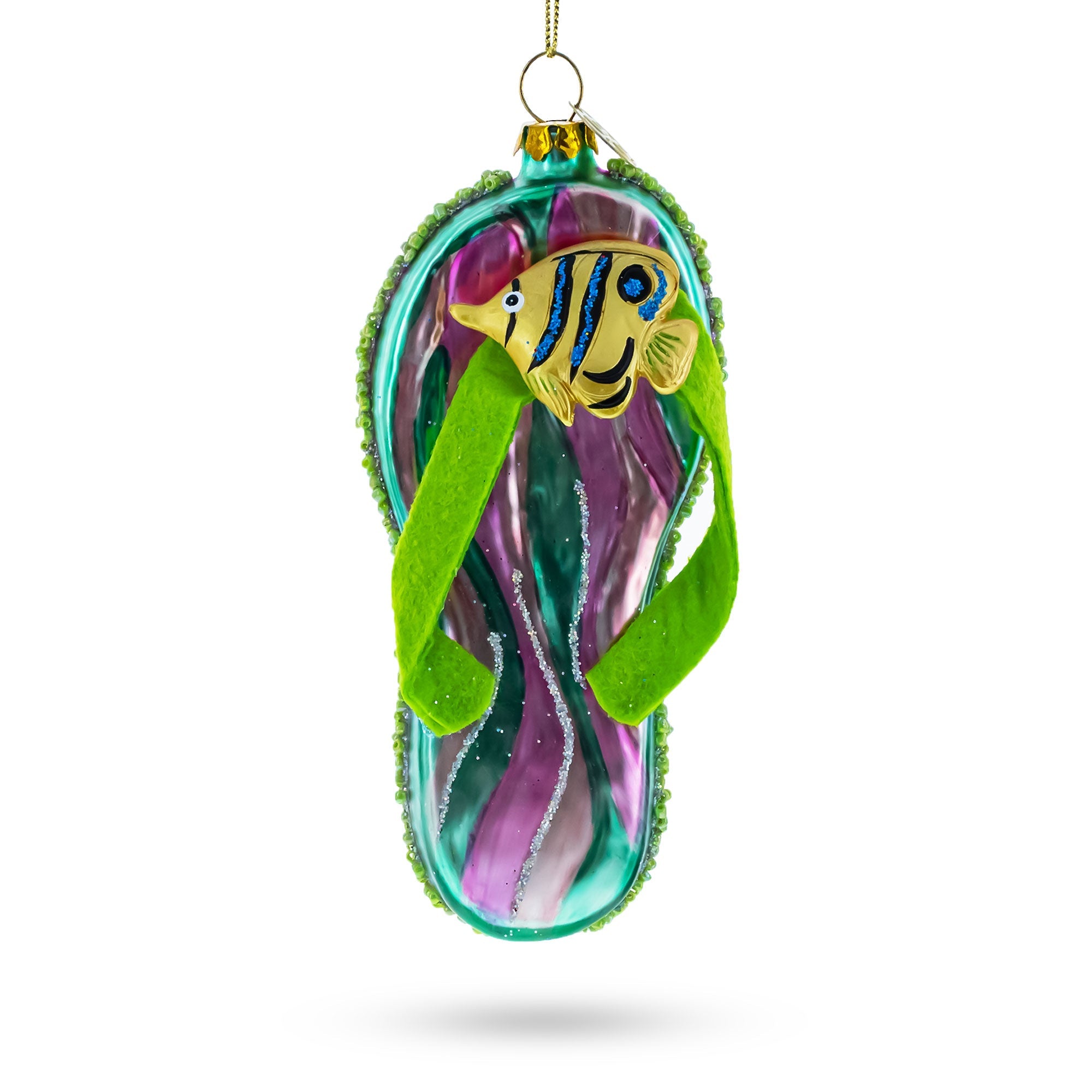 Tropical Turquoise Flip Flops with Fish Design Glass Christmas Ornament