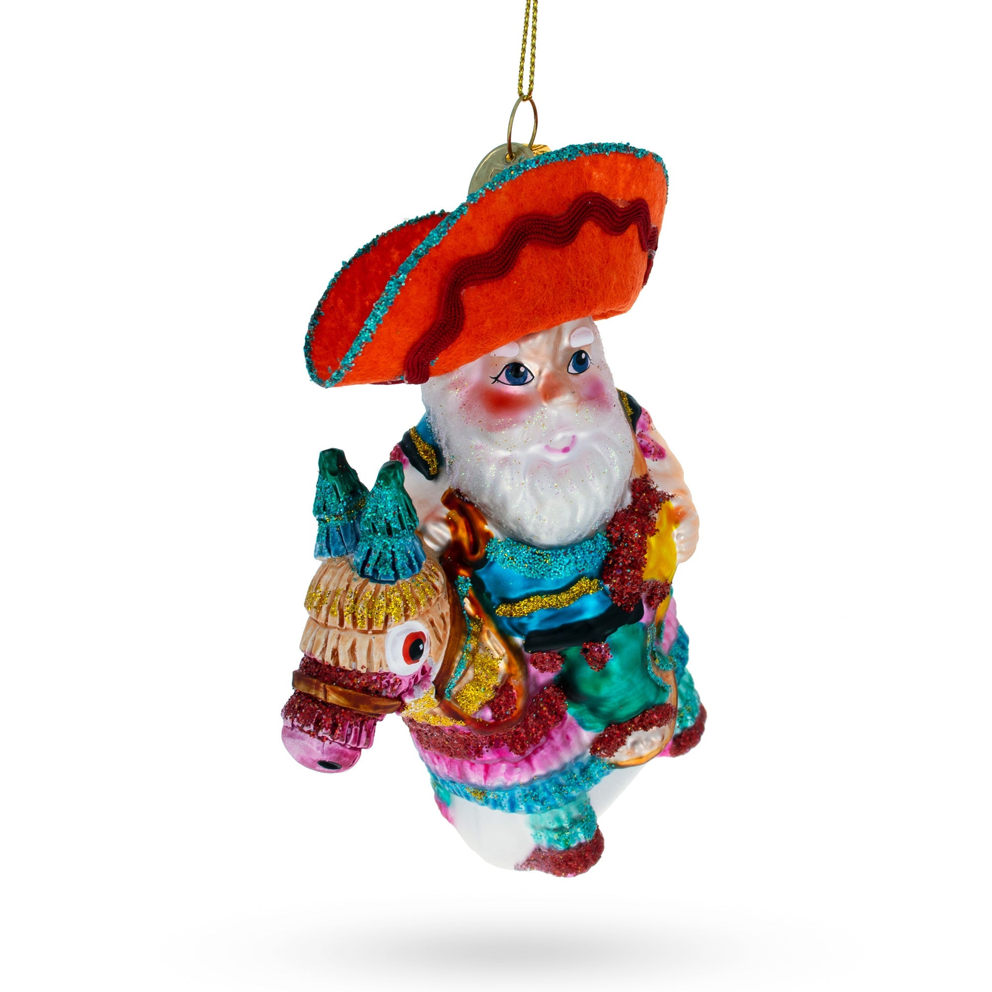 Santa Riding a Festive Pinata Glass Christmas Ornament