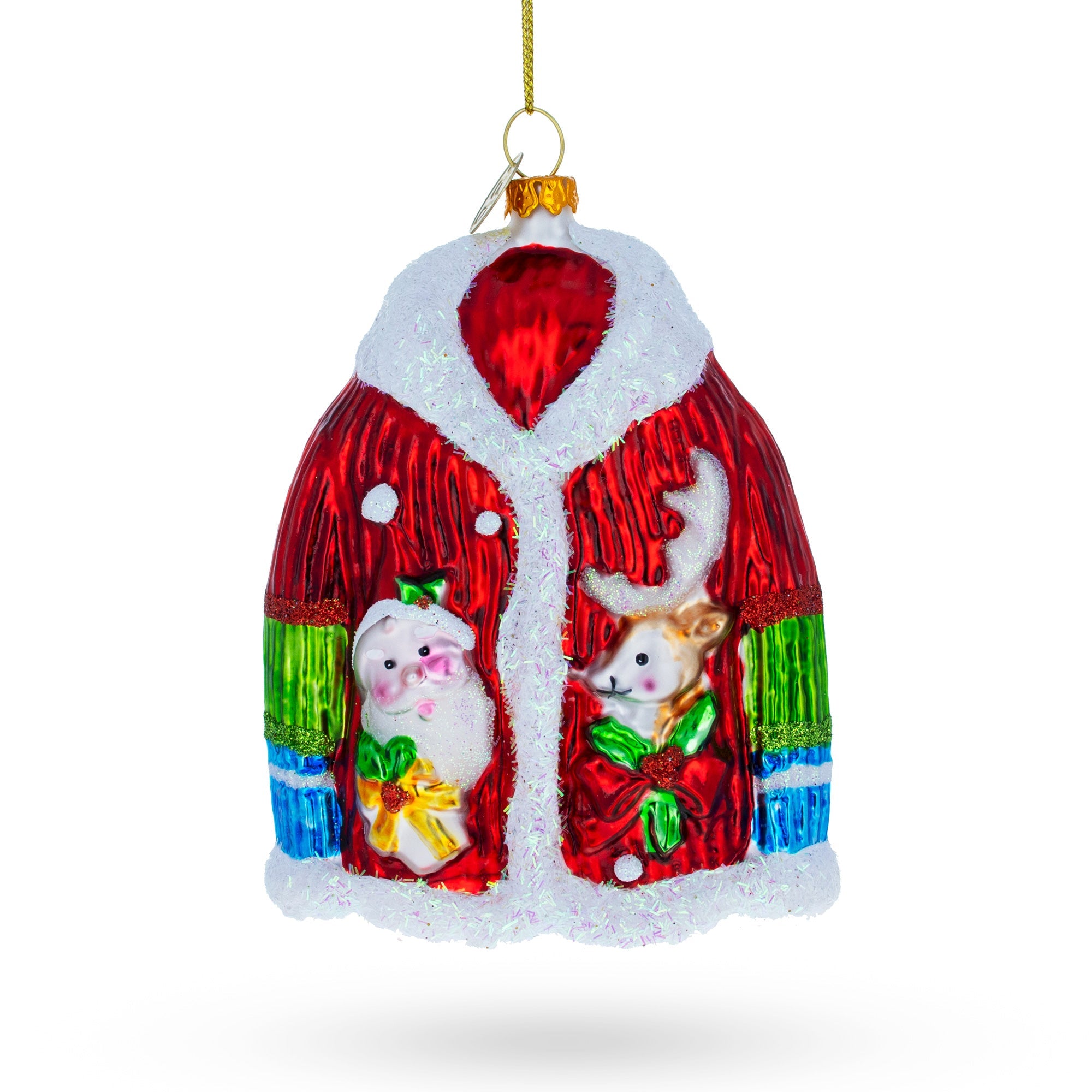 Jacket With Santa and Reindeer Glass Christmas Ornament