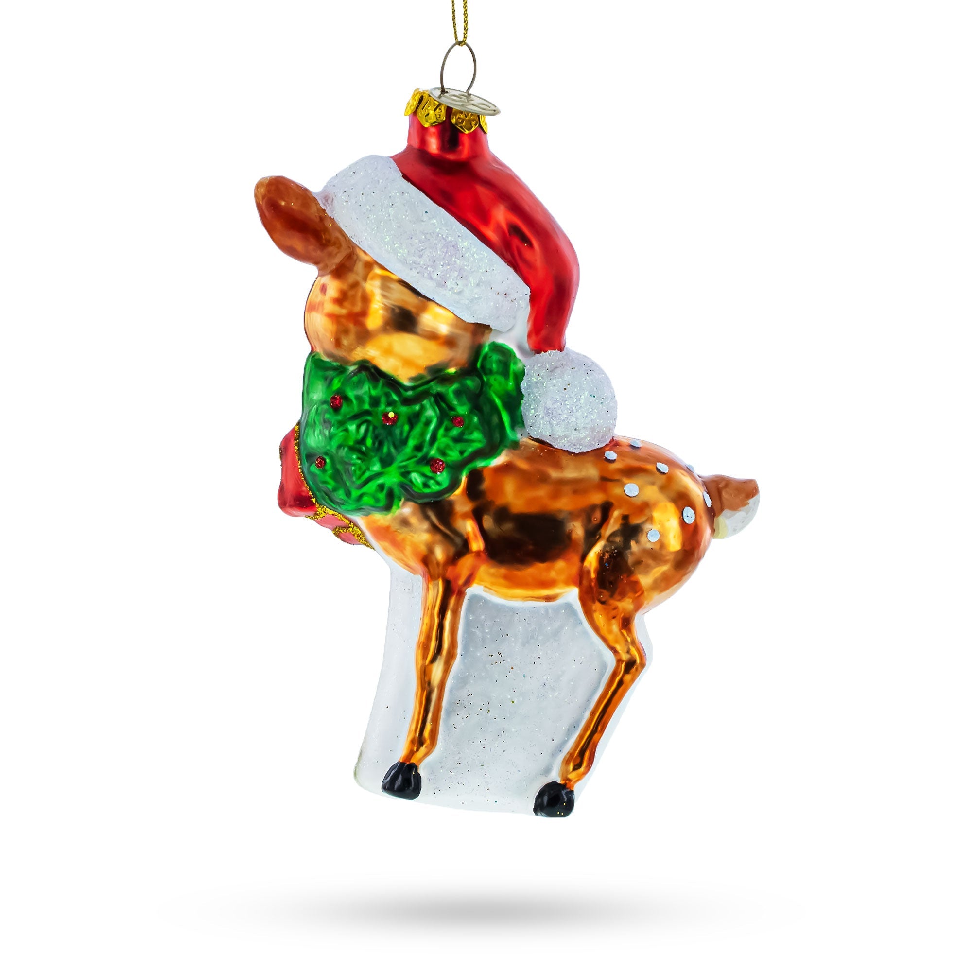 Reindeer with Santa Hat Glass Christmas Ornament