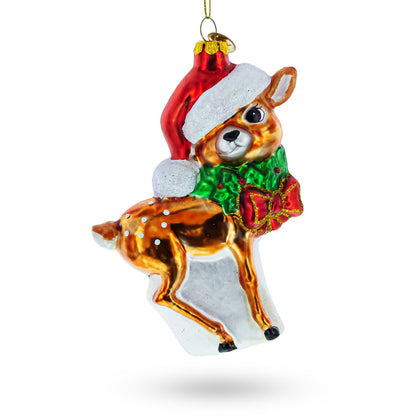 Reindeer with Santa Hat Glass Christmas Ornament