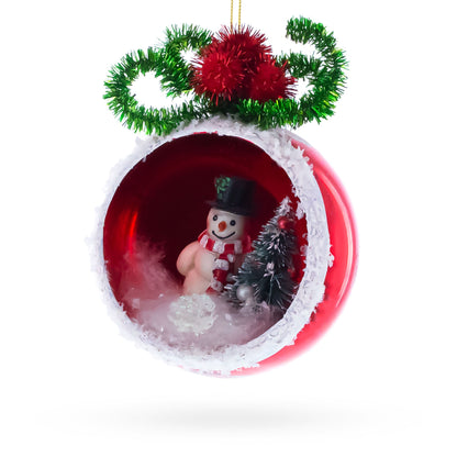 Festive Snowman and Christmas Tree Glass Ornament