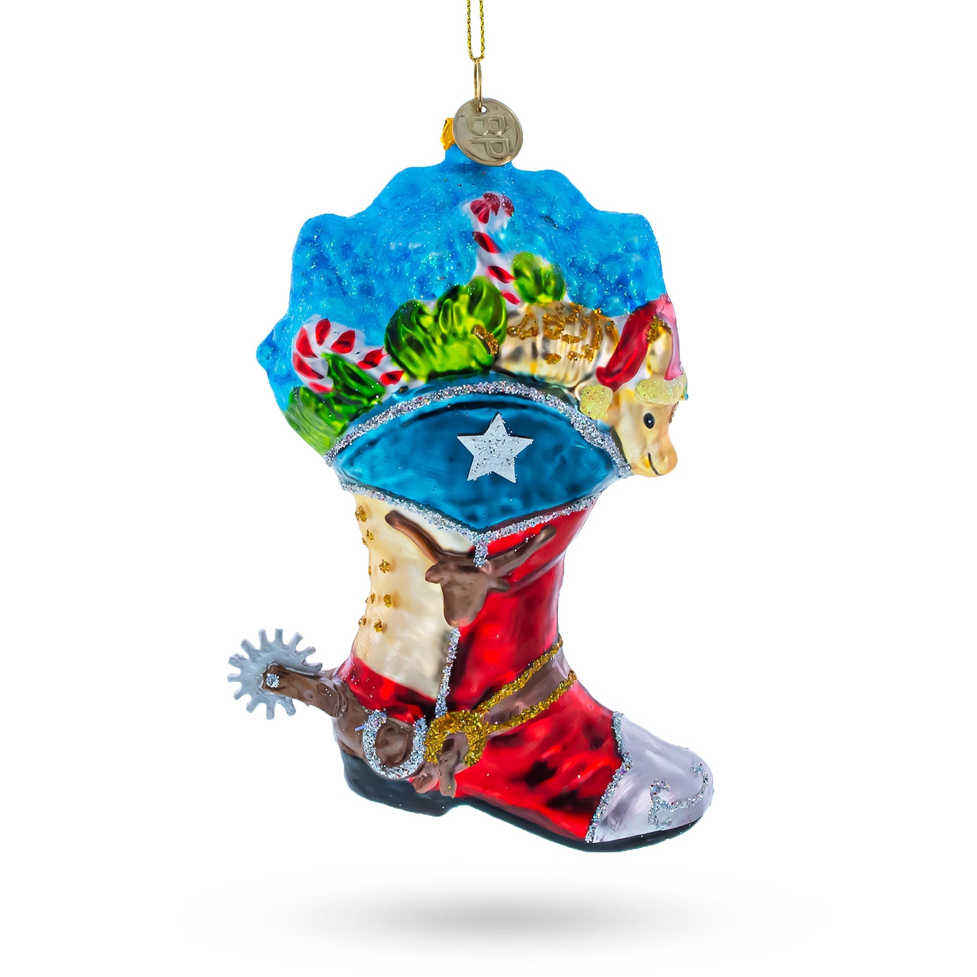 Cowboy Boot with Candy Canes Glass Christmas Ornament