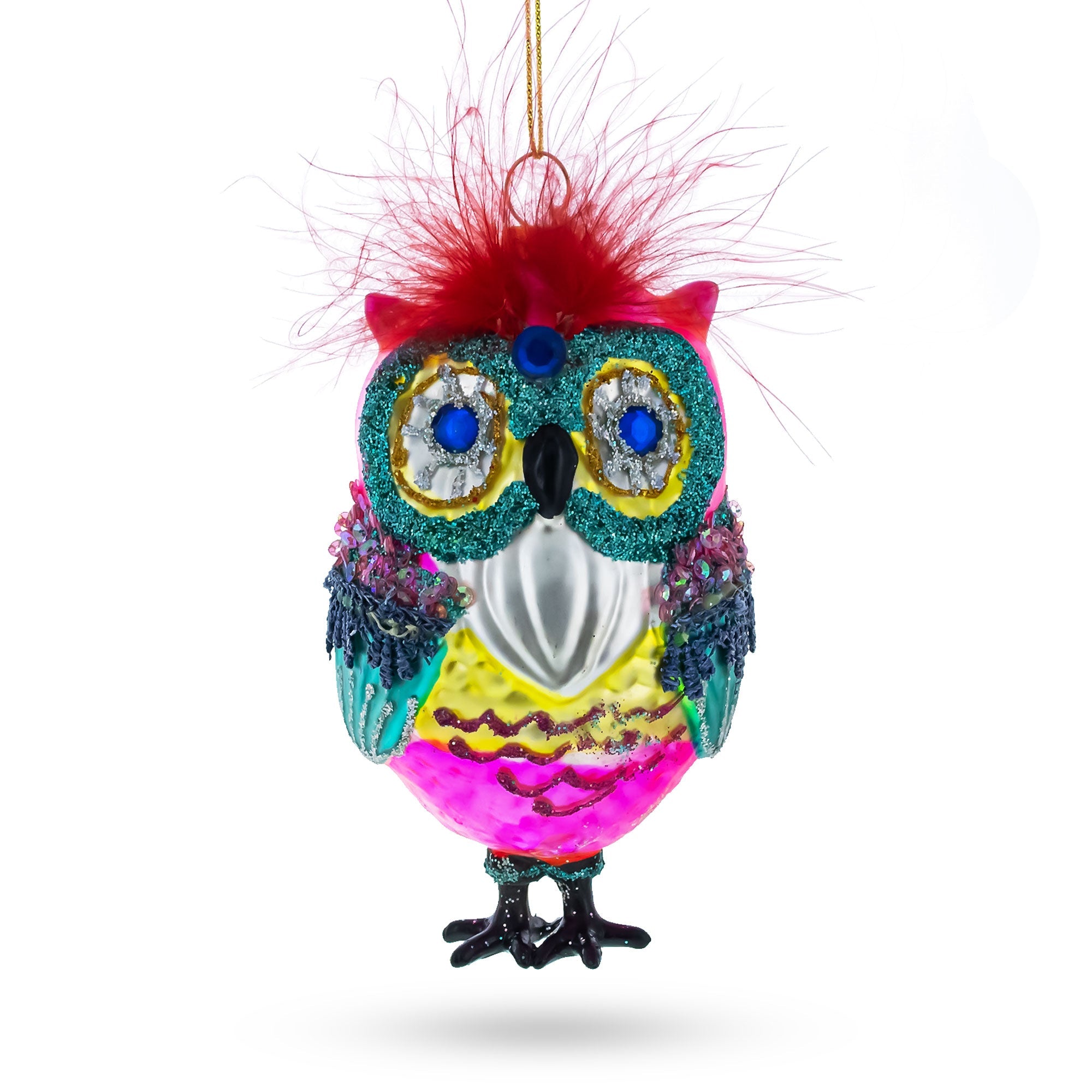 Vibrant Colorful Owl Glass Christmas Ornament
