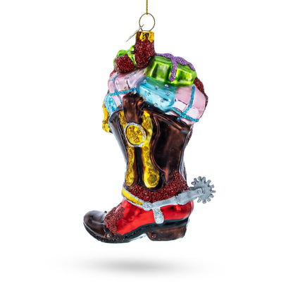 Western Cowboy Boot with Gifts Glass Christmas Ornament