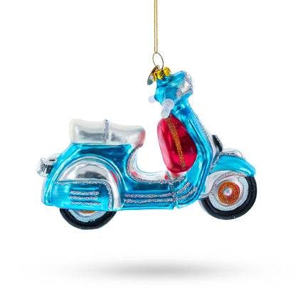 Blue Retro Scooter Glass Christmas Ornament